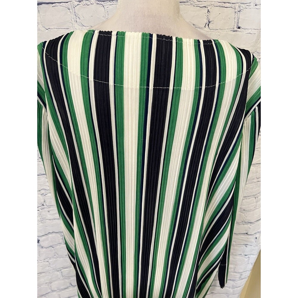 Chico's Travelers 3 XL 16-18 Green & Blue Striped Open Front Pleated Long Jacket - Picture 6 of 9